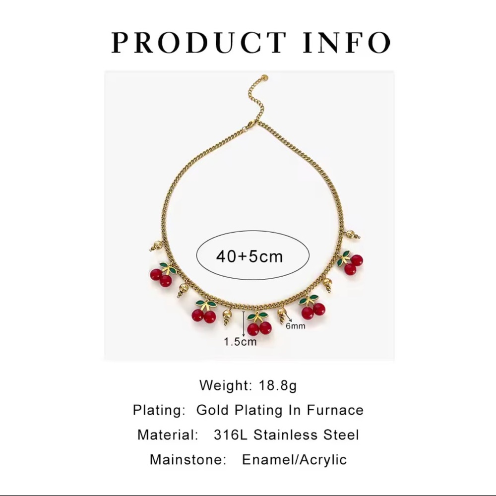 18K GOLD Cherry Charm Necklace 
Stainless Steel Gold Plated - Picture 7 of 9